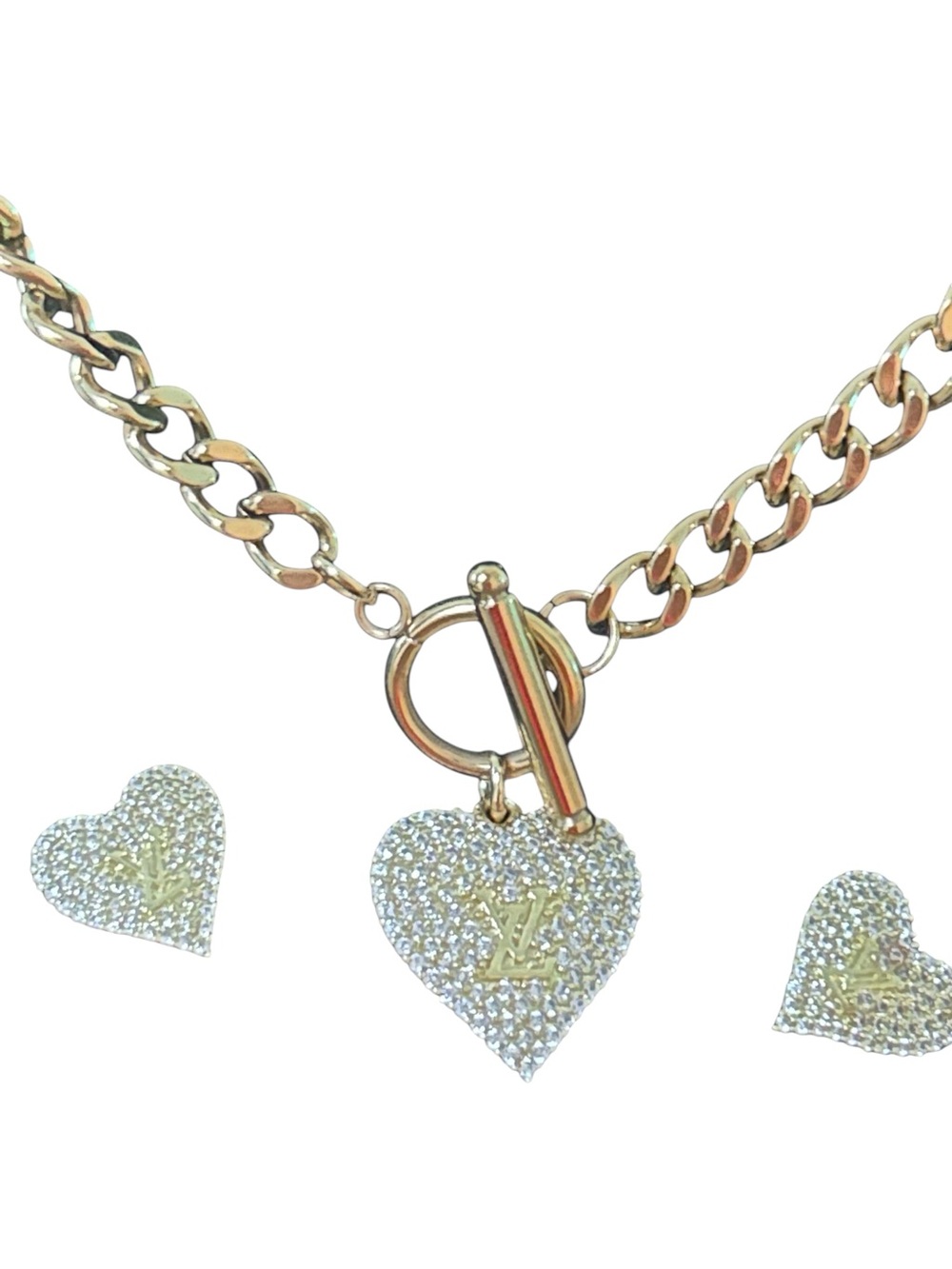 Fashion Jewelry Gold Tone Pave Heart Necklace, Stud Earrings & bracelet